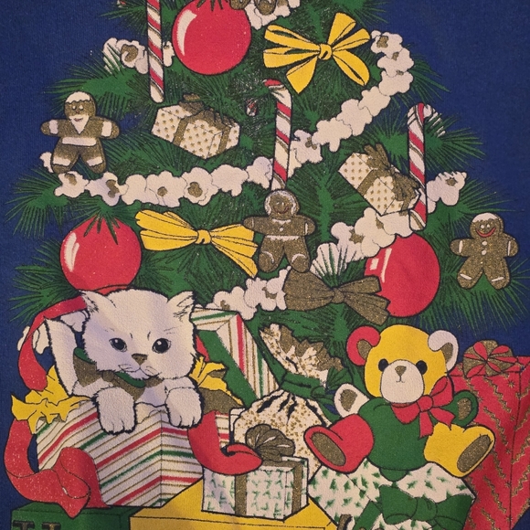 Vintage Blue Christmas Tree Cat Bear Sweatshirt Size Large Festive USA Kitsch - Picture 4 of 9